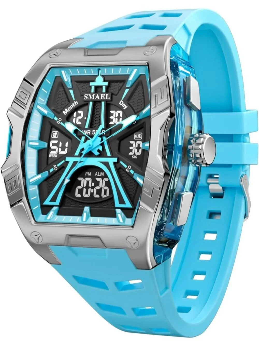 Men's Sky Blue Analog Quartz Waterproof Sports Classic Square LED Digital Watch